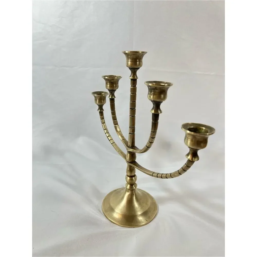 Vintage Brass 5-Arm Candelabra Candle Holder Patina Candelabrum Centerpiece